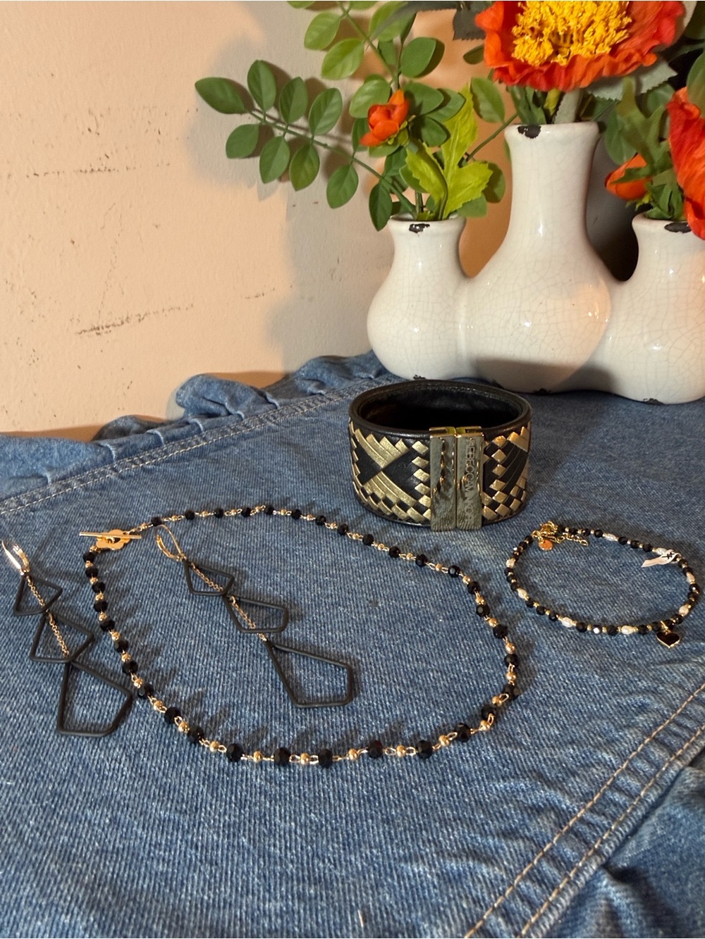 4 Piece Handmade Black and Gold Beaded Necklace, Custom Earrings & Bracelet Set